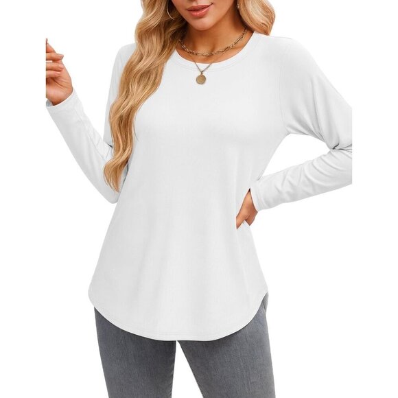 Tops - Long Sleeve Shirts Women Loose Fit Crewneck Side Split Curved Hem Casual Tops
